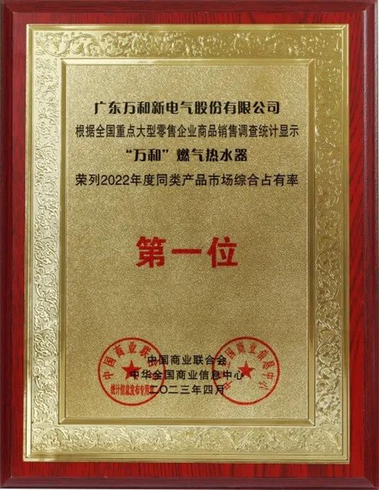 萬和燃氣熱水器連續19年在萬和的市場綜合占有率名列榜首